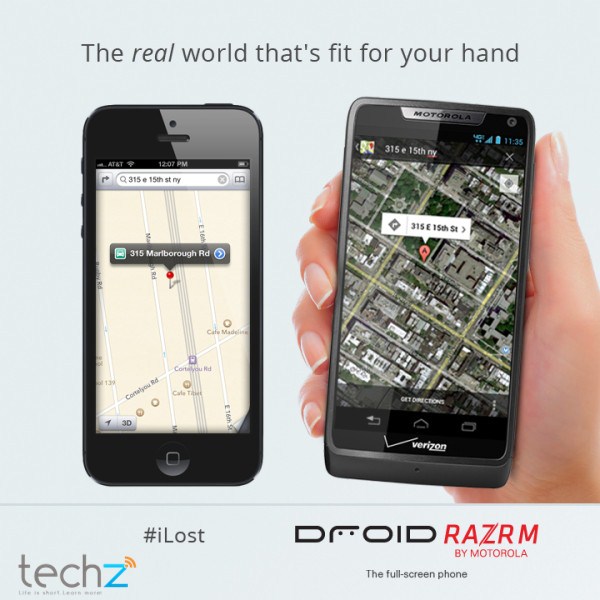 Motorola Droid RAZR M giúp Google chế diễu Apple Maps,Motorola,Droid RAZR M,giúp,Google,chế diễu,apple maps,iphone 5,Apple,Maps,Google Maps,iOS 6