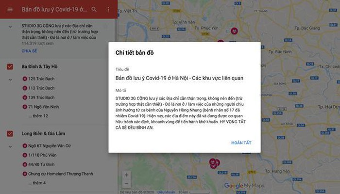 Bản đồ lưu ý dịch Covid-19 trên Google Maps tại Hà Nội là không chính xác