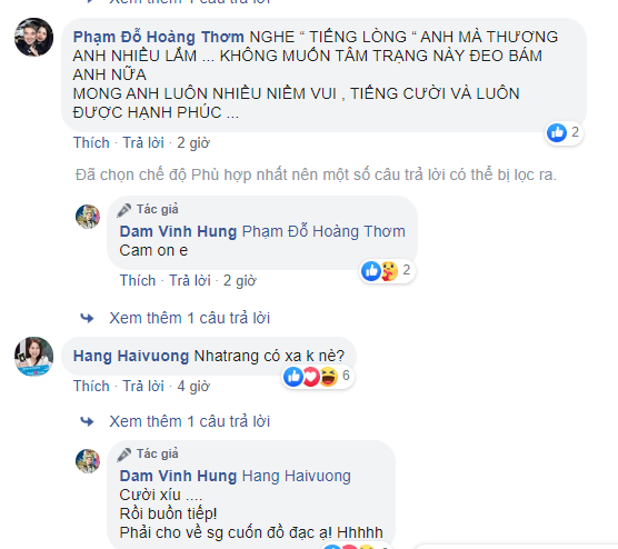 Khi những người bạn th&acirc;n của anh comment th&igrave; anh đ&atilde; tiết lộ rằng anh đ&atilde; qu&aacute;n ch&aacute;n với những g&igrave; đang diễn ra v&agrave; anh chỉ cười một ch&uacute;t rồi lại thấy buồn. Nhưng sau khi nhận được rất nhiều lời động vi&ecirc;n, chia sẻ của người h&acirc;m mộ, Đ&agrave;m Vĩnh Hưng đ&atilde; chỉnh sửa nội dung trạng th&aacute;i đ&atilde; đăng, th&ecirc;m nội dung l&agrave;: &ldquo;Nghĩ lại! Mắc g&igrave; phải đi!??? Nh&agrave; tui m&agrave;???? Sao phải đi????&rdquo;. Cho thấy anh đ&atilde; suy nghĩ nghĩ lại mọi chuyện v&agrave; c&oacute; được cho m&igrave;nh c&aacute;ch giải quyết hợp l&yacute;. 