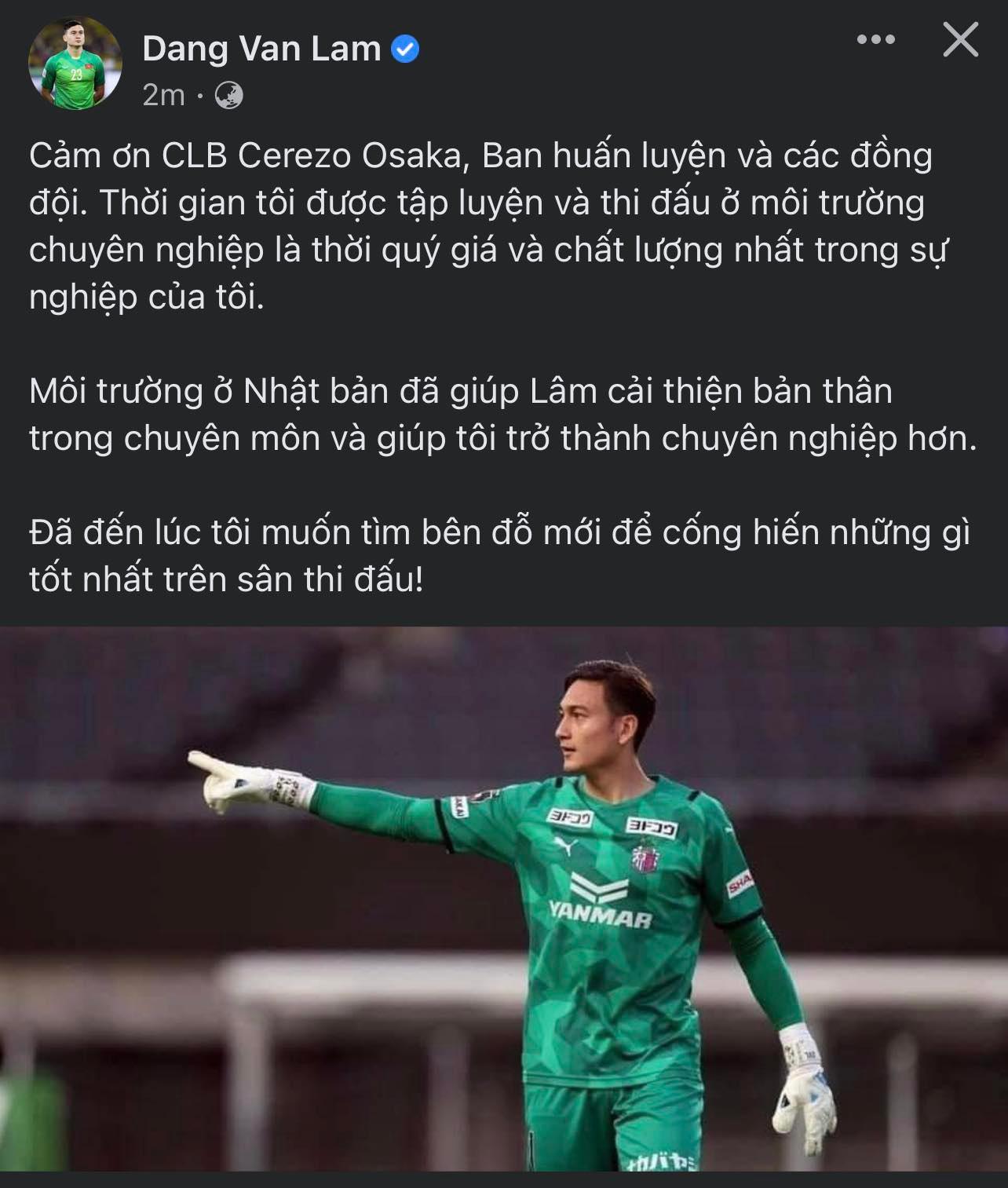 Cập bến V.League với bản hợp đồng kỷ lục, Đặng Văn Lâm gửi thông điệp bất ngờ đến Cerezo Osaka