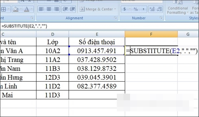 bỏ dấu chấm trong excel