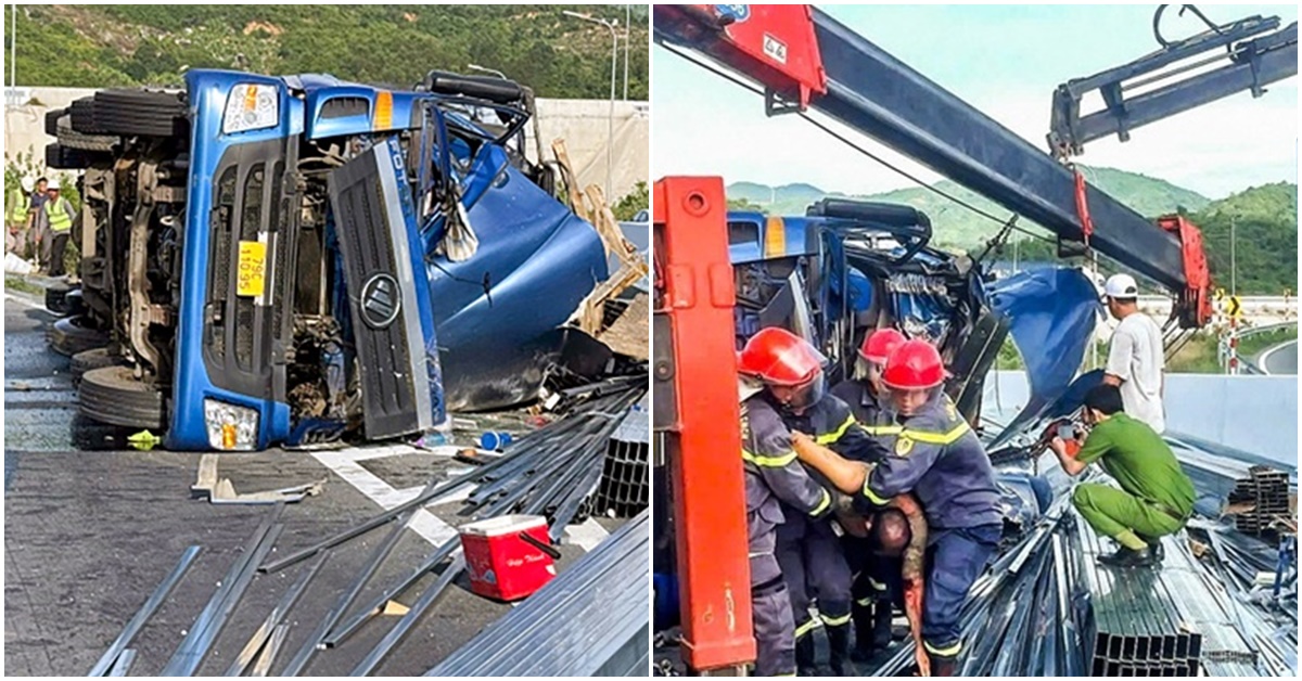 Hiện trường ớn lạnh vụ xe tải bị lật trên đường cao tốc Nha Trang - Cam Lâm, 2 người bị kẹt trong cabin tử vong