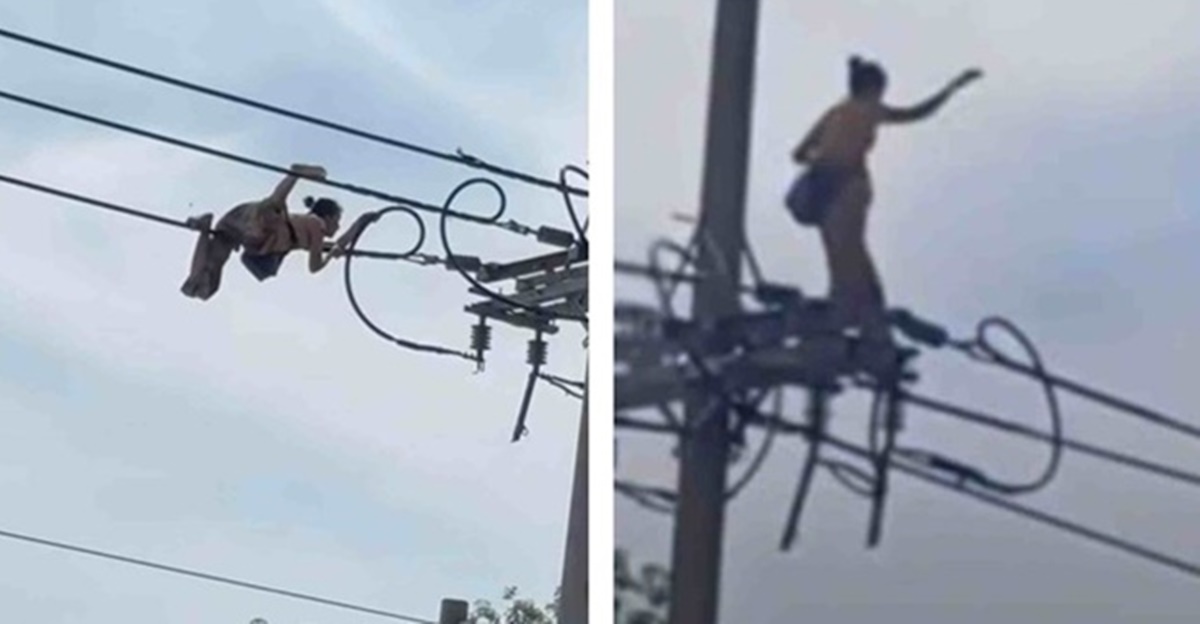 Cập nhật tình hình của người phụ nữ ‘làm xiếc’ trên dây điện cao hơn 10m, rơi xuống đất trong tiếng la hét