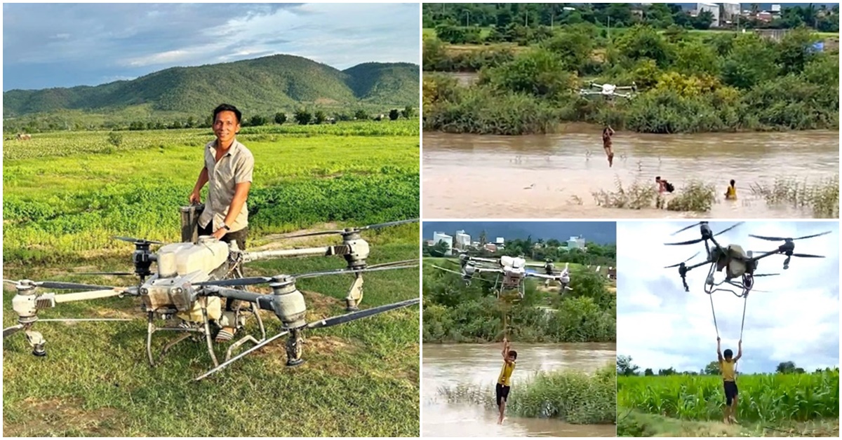 Nghẹt thở clip người đàn ông dùng drone hạng nặng giải cứu 2 bé mắc kẹt giữa dòng nước xiết