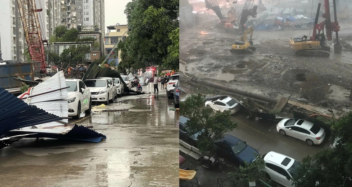  Ảnh hưởng bão Wipha, Hà Nội đã có thiệt hại: Hiện trường hàng rào công trình đè loạt ô tô