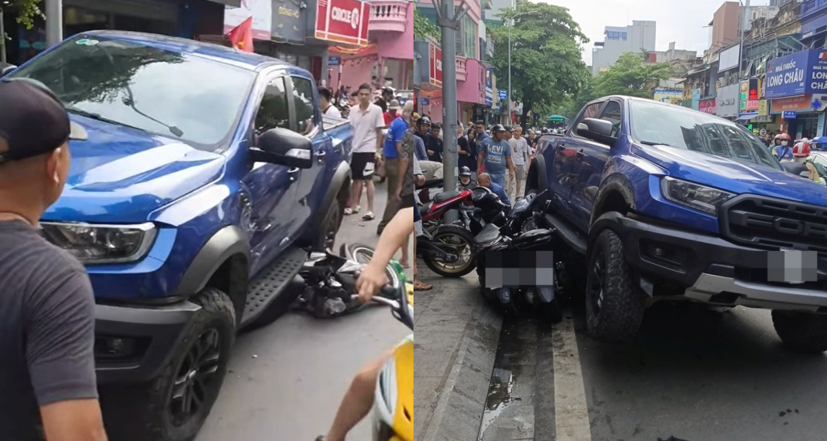 Camera ghi lại giây phút kinh hoàng xe bán tải lao thẳng vào loạt xe máy, cuốn cả nạn nhân xuống gầm