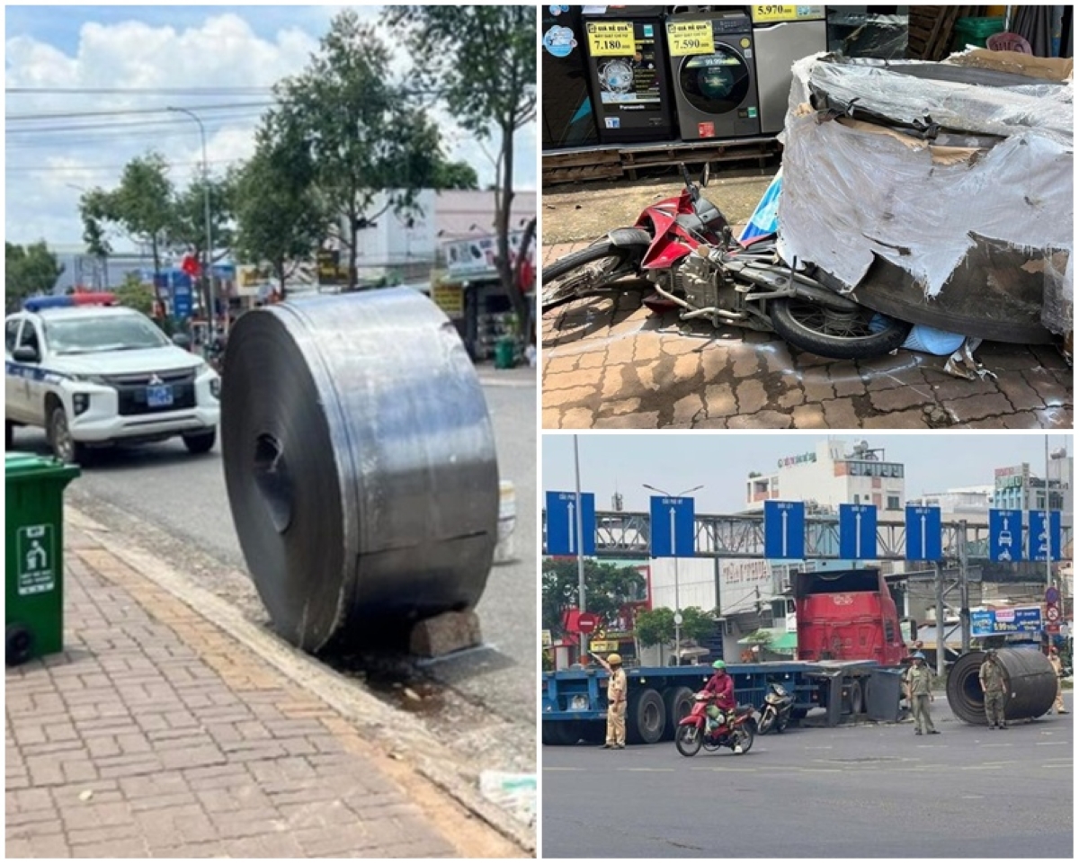 Hiện trường kinh hoàng 2 cuộn thép hàng chục tấn rơi khỏi xe đầu kéo, đè bẹp dúm xe máy ở TP.HCM