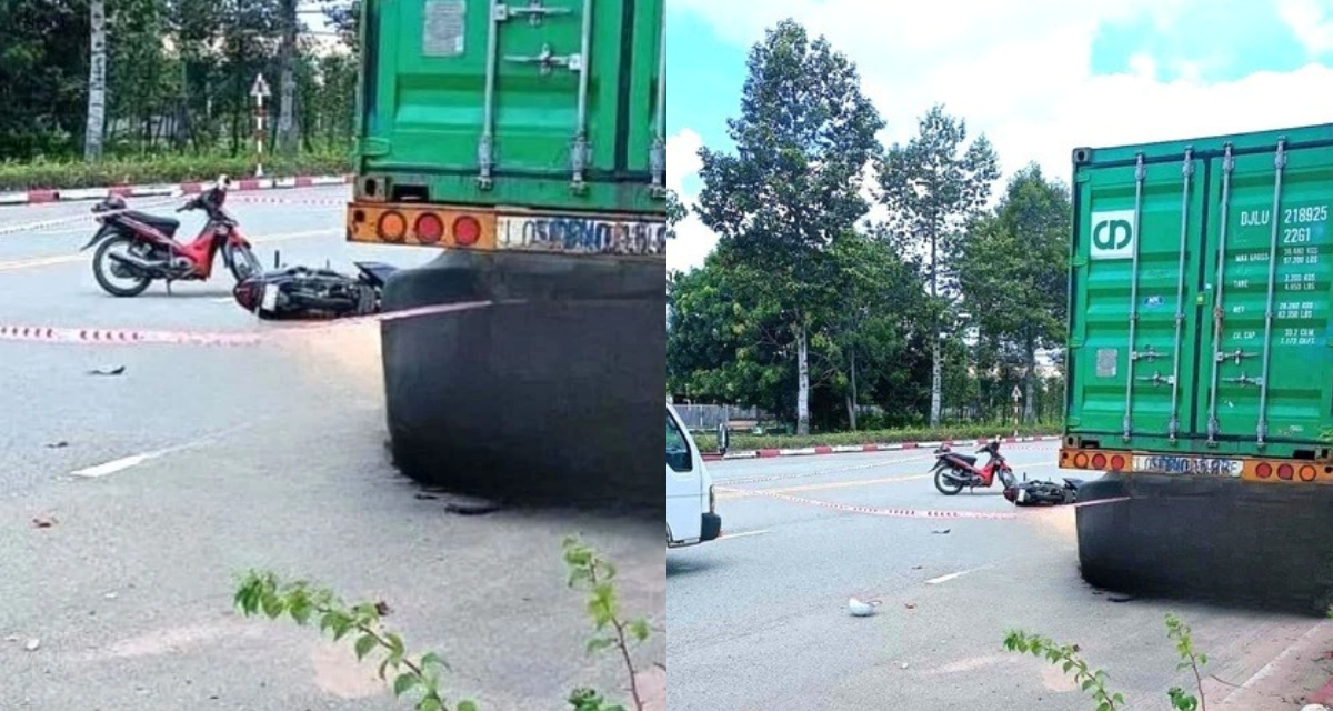 Hiện trường vụ đôi nam nữ tông vào đuôi container khiến 1 người ra đi tại chỗ, xe máy đã đi sai 