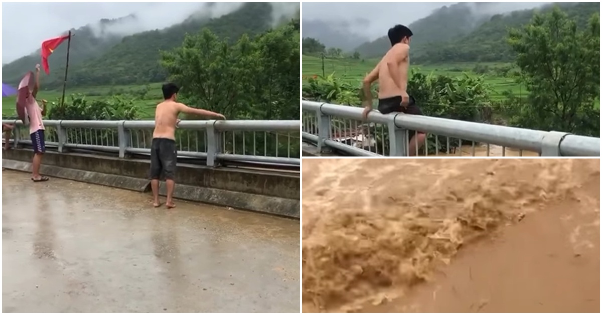 Xôn xao clip người đàn ông nhảy cầu xuống dòng nước lũ chảy xiết, người chứng kiến dửng dưng quay video