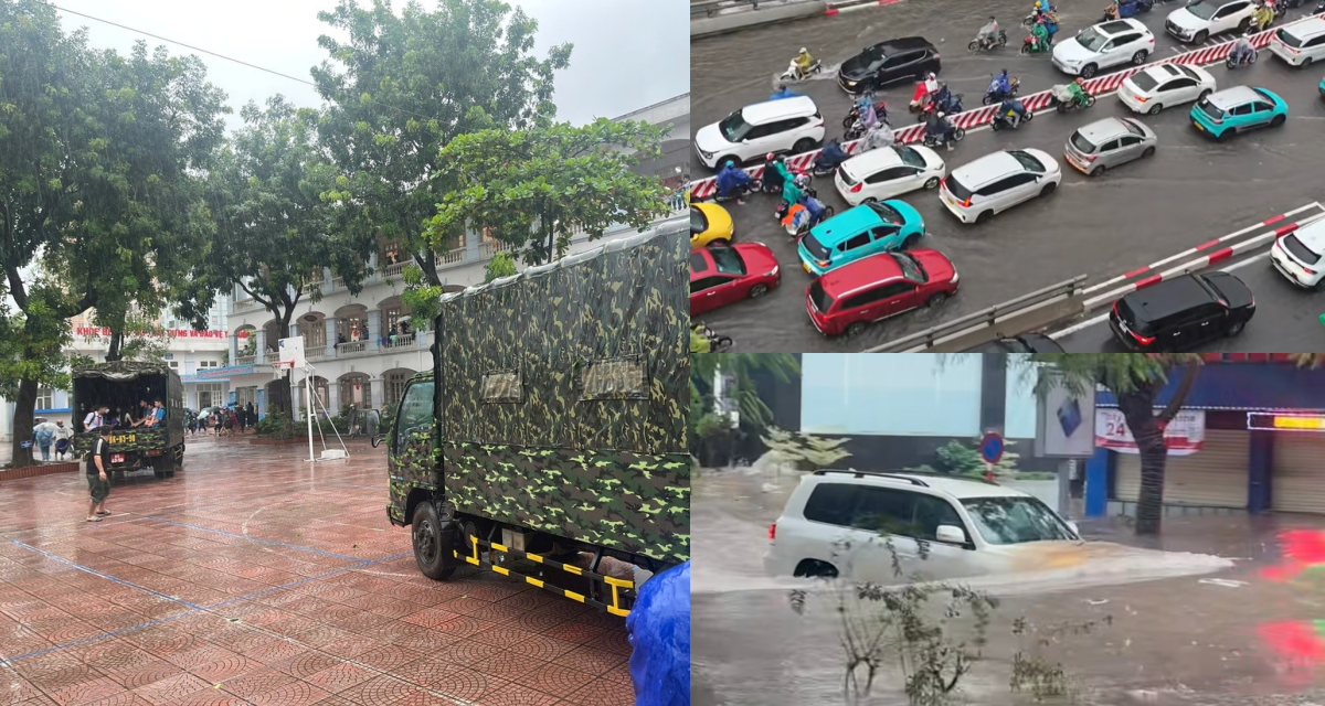 Hà Nội thành sông, quân đội điều động xe chở học sinh thoát khỏi điểm trường ngập sâu