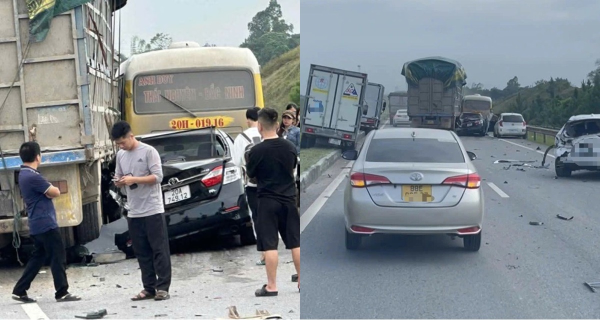 Camera ghi lại khoảnh khắc xe tải tông liên hoàn ở cao tốc Hà Nội – Thái Nguyên, tài xế có hành động đáng ngờ 