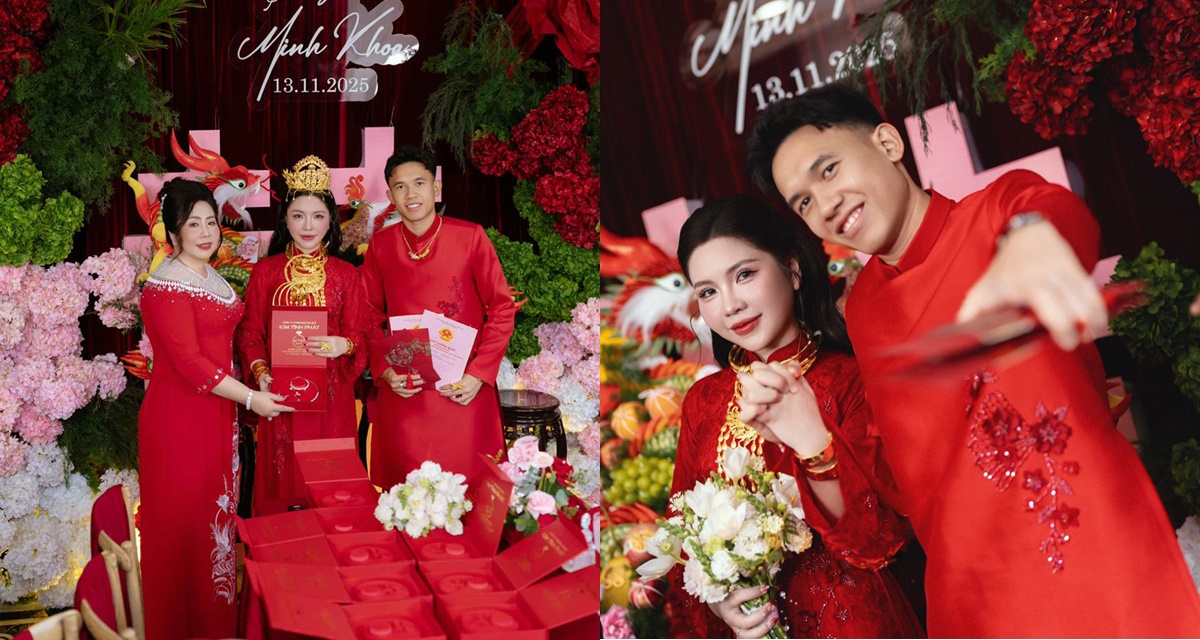 Tiền vệ tuyển Việt Nam và vợ hot girl đeo vàng trĩu cổ trong ngày cưới, thân thế cô dâu nghe mà choáng