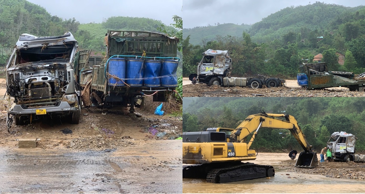 Những hình ảnh đầu tiên trục vớt xe tải bị cuốn trôi ở Quảng Trị, cập nhật tình hình tìm kiếm tài xế