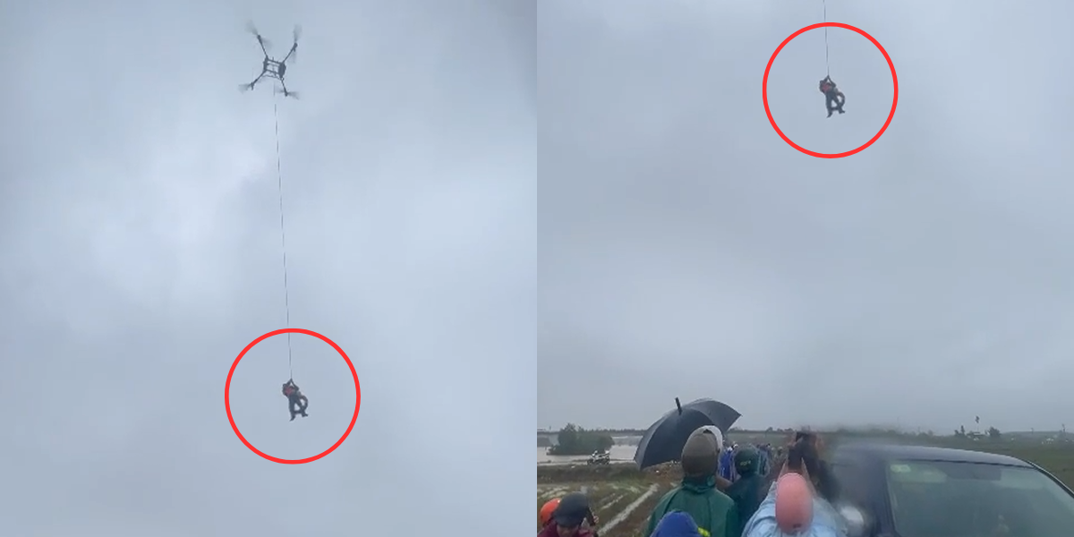 Đăk Lăk: Viral khoảnh khắc dùng drone giải cứu người dân bị lật thuyền trong mưa lũ