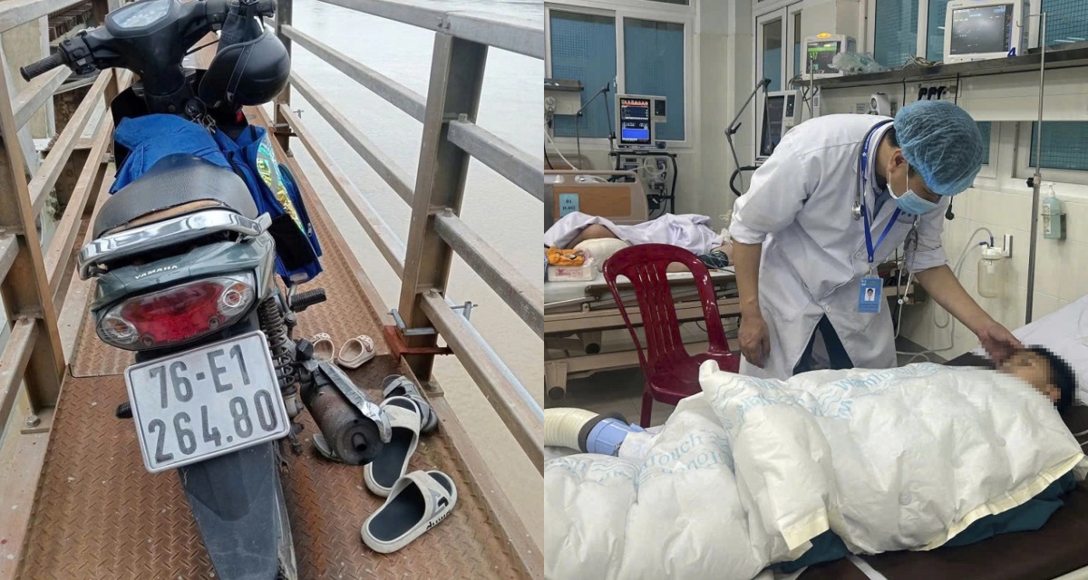 Hiện trường người đàn ông bỏ xe máy giữa cầu, ôm hai cháu nhỏ nhảy cầu ở Quảng Ngãi, một bé tử vong