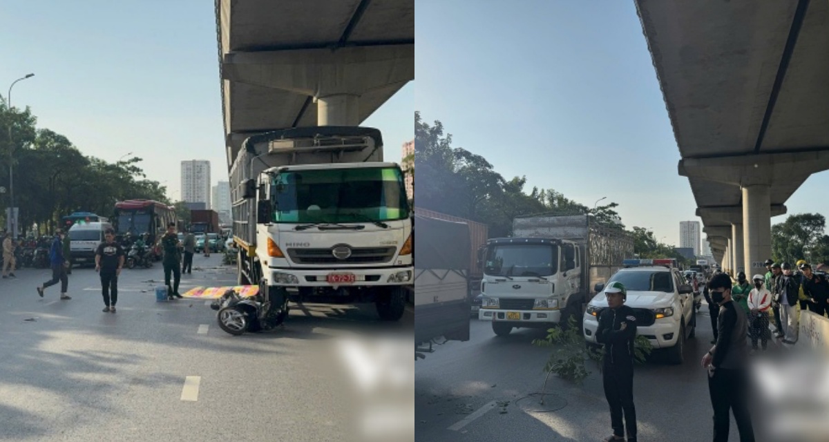 Hiện trường kinh hoàng vụ xe máy va chạm xe tải khiến một người tử vong tại chỗ ở Hồ Tùng Mậu, Hà Nội