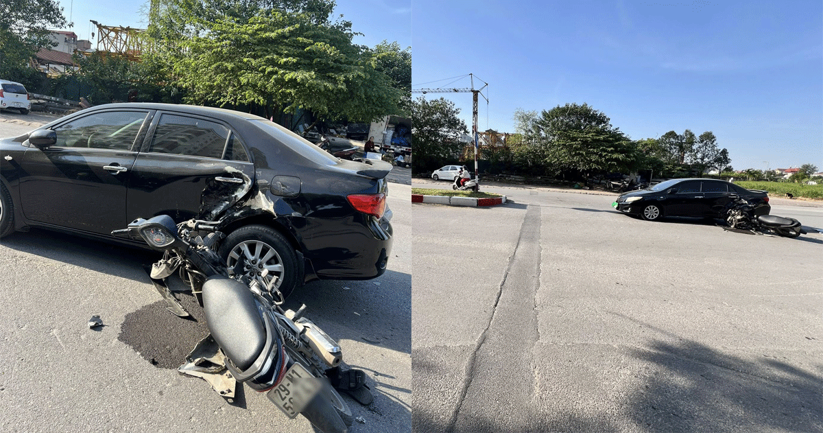 Camera ghi lại cảnh 2 thiếu niên lớp 9 không đội mũ bảo hiểm tông mạnh vào xe ô tô sang ở Hà Nội