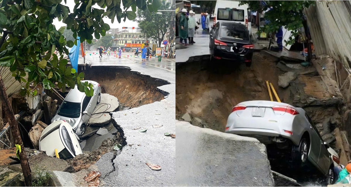 Camera khoảnh khắc mặt đường sụp xuống trong giây lát, ‘nuốt chửng’ người và 2 ô tô con vào \'hố tử thần\'