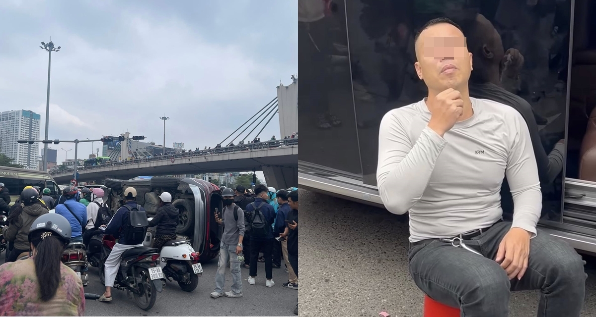 Hiện trường &ocirc; t&ocirc; lật ngửa ở Ng&atilde; Tư Sở, t&agrave;i xế c&oacute; biểu hiện kỳ lạ sau khi được cứu ra khỏi xe