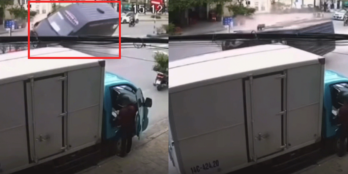 Quảng Ninh: Th&oacute;t tim khi xem cảnh xe kh&aacute;ch lật nghi&ecirc;ng khi đ&aacute;nh l&aacute;i gấp để tr&aacute;nh xe đạp sang đường