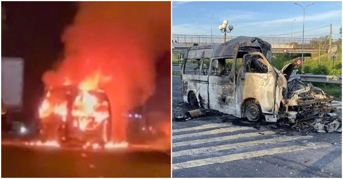 Camera ghi lại cảnh kinh ho&agrave;ng xe cứu thương t&ocirc;ng xe container rồi bốc ch&aacute;y dữ dội tr&ecirc;n cao tốc khiến 3 người chết