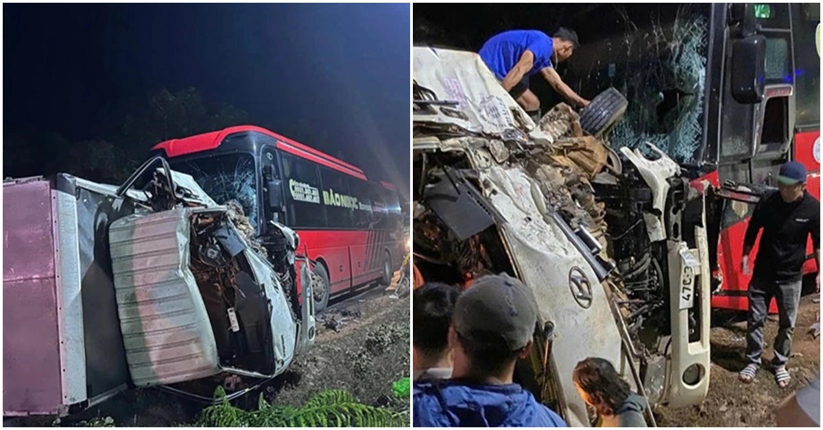 Hiện trường &aacute;m ảnh xe tải lật nghi&ecirc;ng, bẹp d&uacute;m sau c&uacute; t&ocirc;ng mạnh với xe kh&aacute;ch ở Đắk Lắk