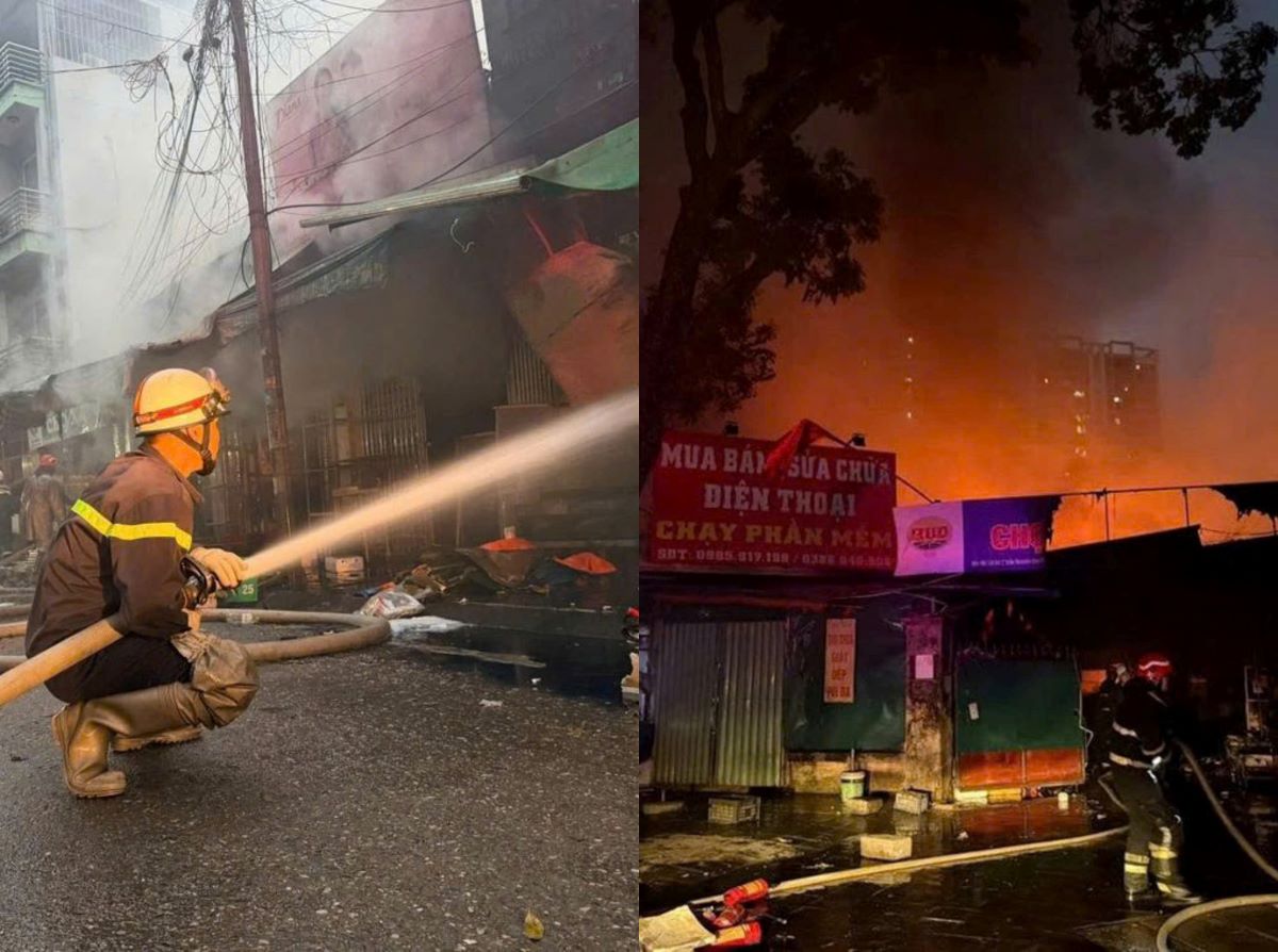 Ch&aacute;y lớn chợ Xanh rạng s&aacute;ng, kh&oacute;i đen cuồn cuộn giữa khu d&acirc;n cư