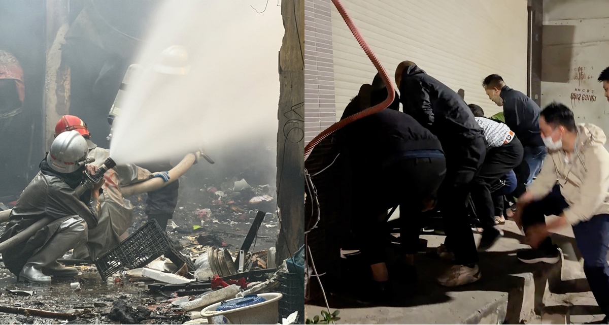 Th&oacute;t tim khoảnh khắc h&agrave;ng chục thanh ni&ecirc;n c&ugrave;ng nhấc cửa cuốn cứu gia đ&igrave;nh giữa vụ ch&aacute;y chợ Xanh