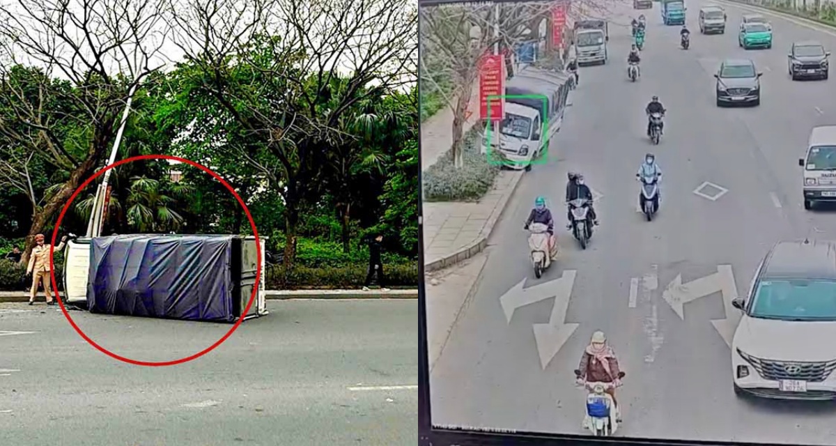 Camera AI H&agrave; Nội ghi h&igrave;nh khoảnh khắc xe tải lật tr&ecirc;n phố, l&agrave;m r&otilde; nguy&ecirc;n nh&acirc;n tai nạn 
