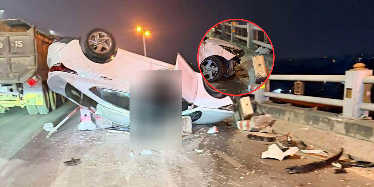 Hiện trường vụ lật &uacute;p xe con cầu Thanh Tr&igrave;: CSGT th&ocirc;ng tin nguy&ecirc;n nh&acirc;n ban đầu