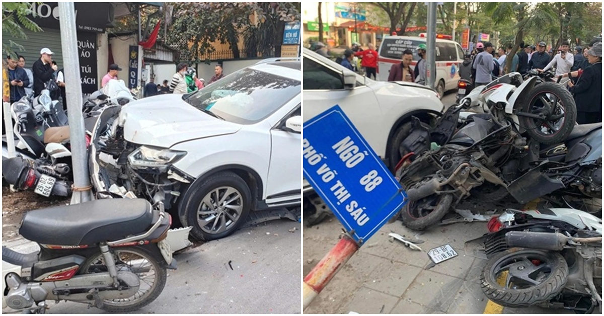 Hiện trường tan hoang nữ t&agrave;i xế &ocirc; t&ocirc; t&ocirc;ng li&ecirc;n ho&agrave;n 6 xe m&aacute;y ở H&agrave; Nội, h&eacute; lộ nguy&ecirc;n nh&acirc;n vụ tai nạn