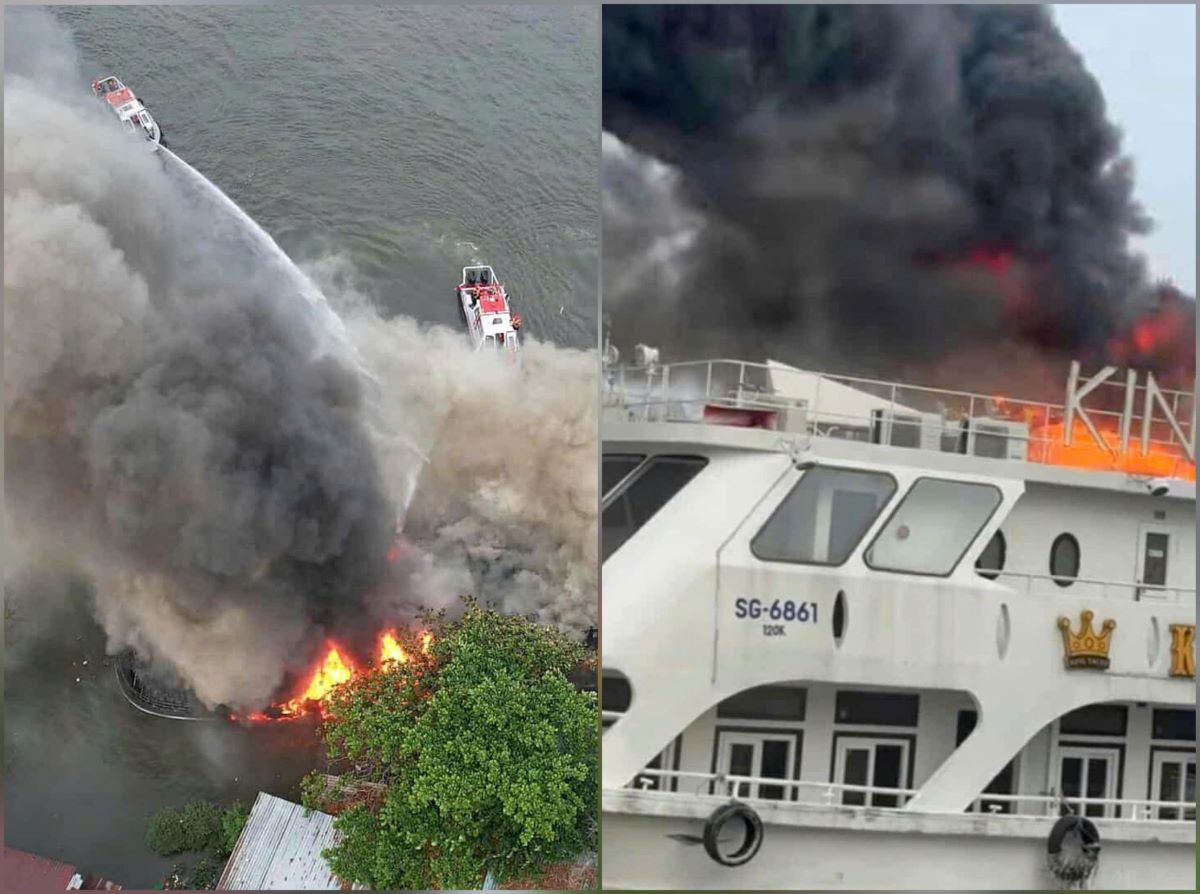 Hiện trường du thuyền ba tầng bốc ch&aacute;y dữ dội tr&ecirc;n s&ocirc;ng S&agrave;i G&ograve;n, kh&oacute;i đen tr&ugrave;m khu d&acirc;n cư