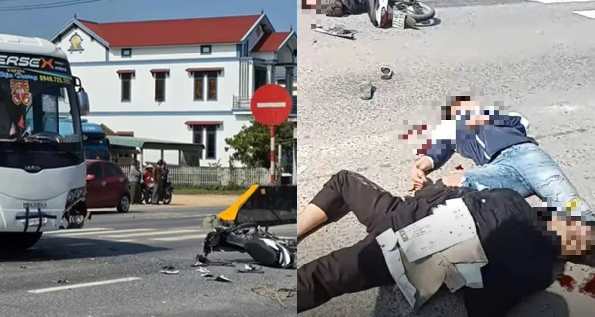 Quảng Trị: Hiện trường xe m&aacute;y va chạm xe kh&aacute;ch, danh t&iacute;nh 3 thiếu ni&ecirc;n bị thương nặng nằm bất động 