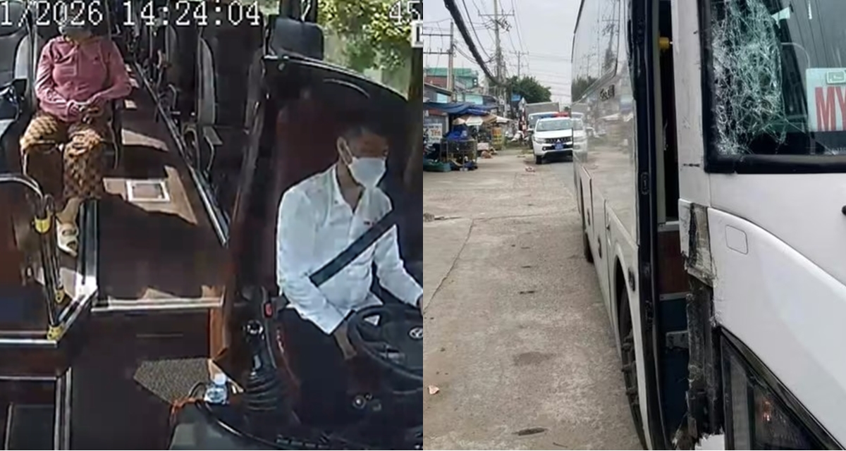 Xe kh&aacute;ch va chạm mạnh với xe tải khi đang chạy, lộ clip ghi lại h&agrave;nh động g&acirc;y sốc của t&agrave;i xế xe kh&aacute;ch