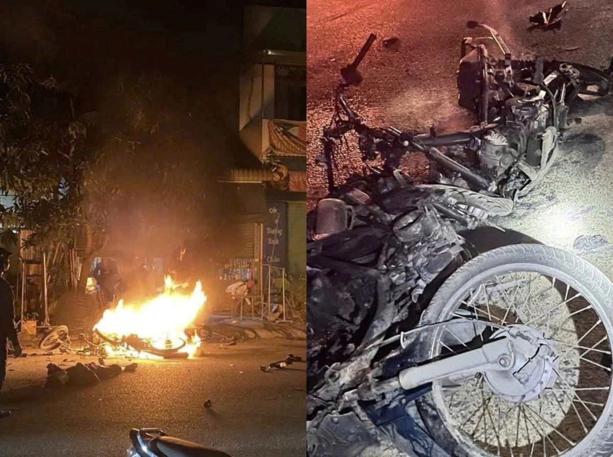 Kinh ho&agrave;ng vụ va chạm trực diện l&uacute;c nửa đ&ecirc;m: Xe m&aacute;y ch&aacute;y trơ khung, 2 người thương vong