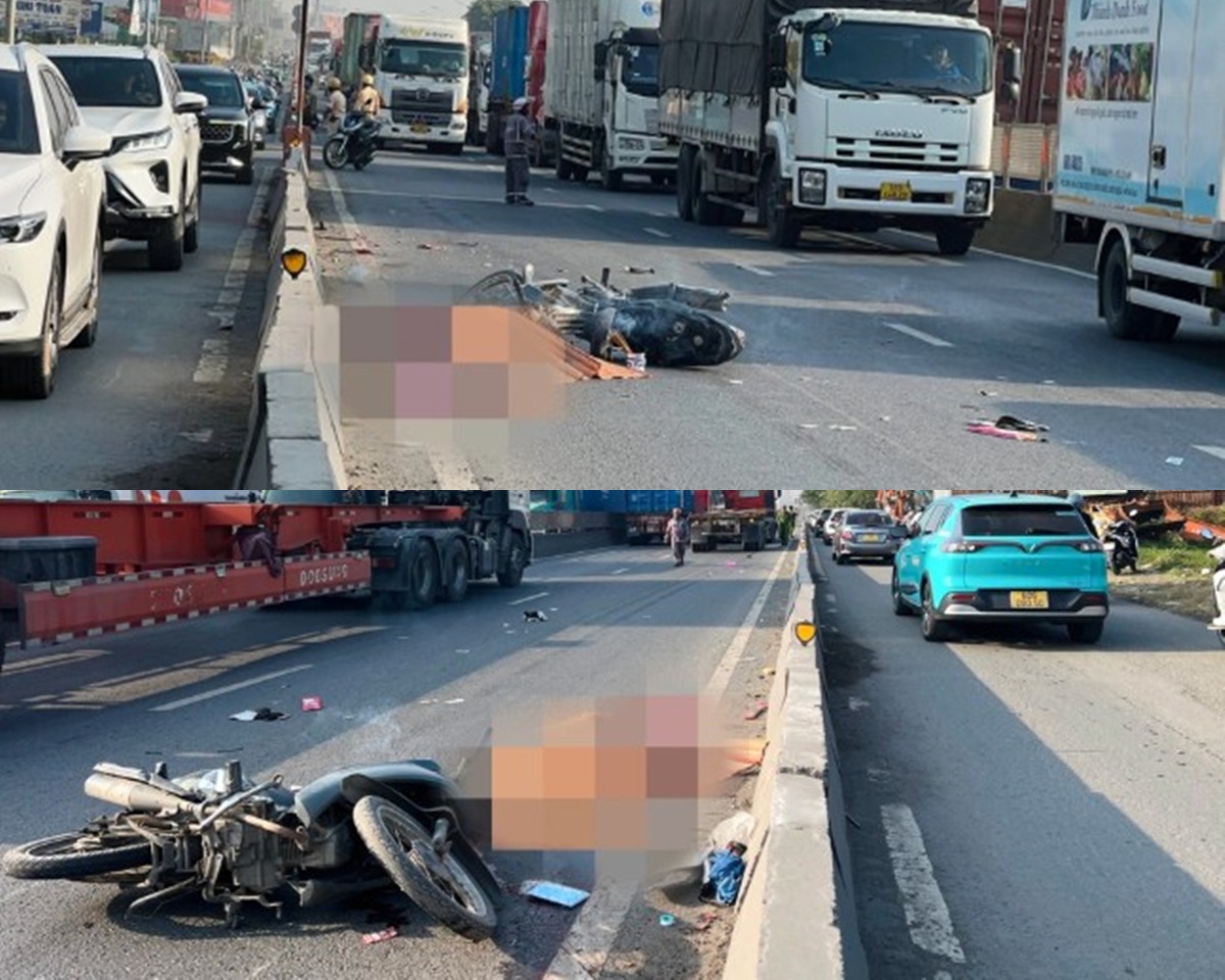 Hiện trường tai nạn xe m&aacute;y v&agrave; xe đầu k&eacute;o tại Xa lộ H&agrave; Nội khiến 1 người tử vong, 1 người nguy kịch