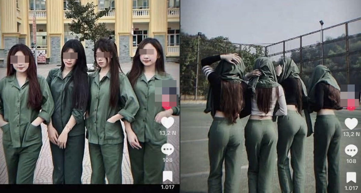 Nh&oacute;m nữ sinh ưỡn ẹo tạo d&aacute;ng phản cảm với qu&acirc;n phục, tư thế khiến CĐM kh&ocirc;ng thể chấp nhận nổi