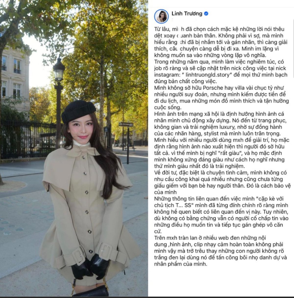 Linh Trương l&ecirc;n tiếng đ&iacute;nh ch&iacute;nh sau loạt drama, bao gồm chuyện \'đi tour c&ocirc;ng việc nhạy cảm\'