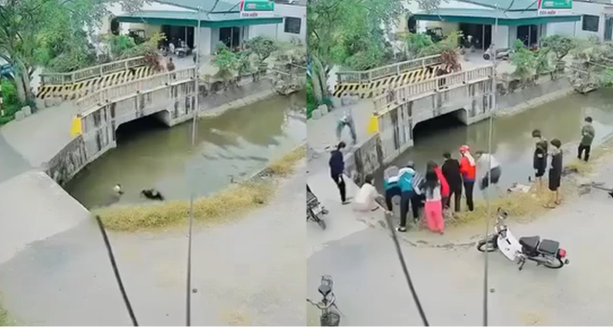 Thấy người đi xe m&aacute;y lao xuống s&ocirc;ng, b&eacute; trai c&oacute; phản ứng nhanh, ai xem xong cũng phải khen ngợi