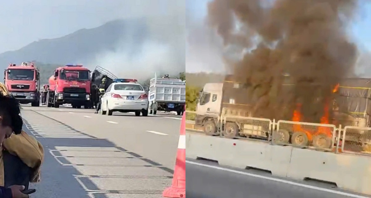 Hiện trường xe tải bất ngờ bốc ch&aacute;y tr&ecirc;n cao tốc Cam L&acirc;m - Vĩnh Hảo,  to&agrave;n bộ h&agrave;ng h&oacute;a bị thi&ecirc;u rụi