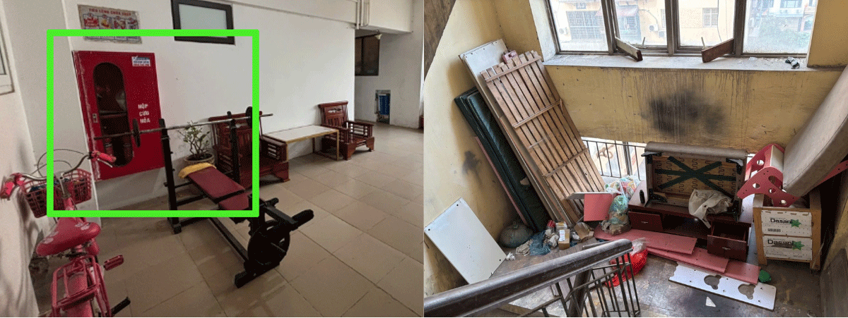 Cư d&acirc;n bức x&uacute;c khi h&agrave;nh lang chung cư tiền tỷ trở th&agrave;nh nơi tập kết r&aacute;c, lối tho&aacute;t hiểm bị buộc d&acirc;y