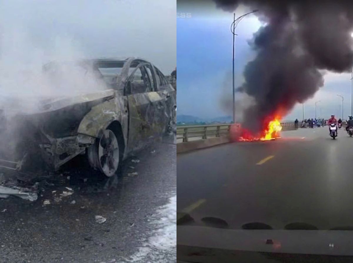 Hiện trường kinh ho&agrave;ng xe &ocirc; t&ocirc; 5 chỗ bị thi&ecirc;u rụi trơ khung, cả gia đ&igrave;nh tung cửa th&aacute;o chạy