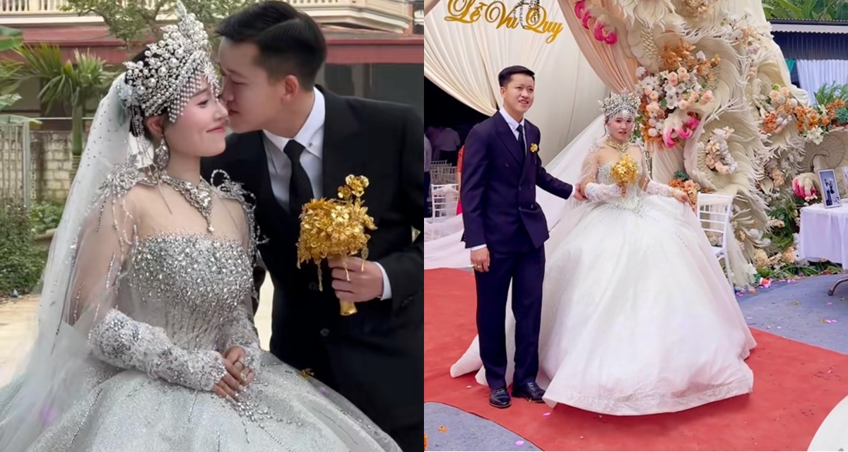 Đ&aacute;m cưới ở Ph&uacute; Thọ ngang ngửa lễ sắc phong vương hậu, hoa cưới l&agrave;m bằng v&agrave;ng nguy&ecirc;n chất