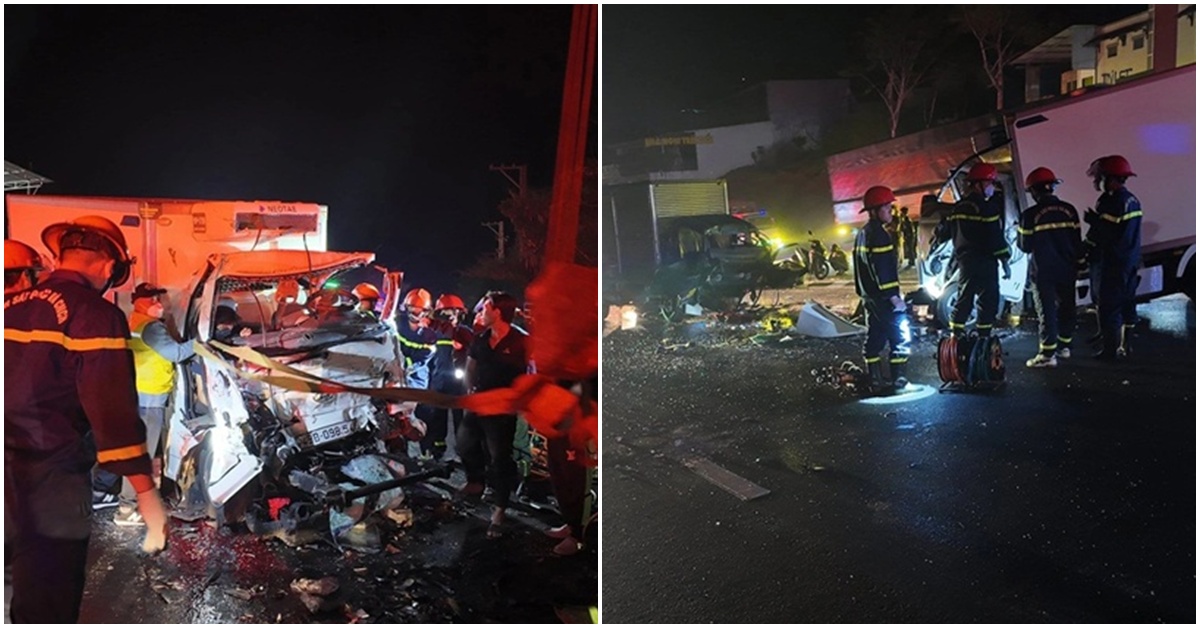 Hiện trường kinh ho&agrave;ng vụ 2 &ocirc; t&ocirc; tải t&ocirc;ng trực diện tr&ecirc;n QL20 khiến 4 người thương vong