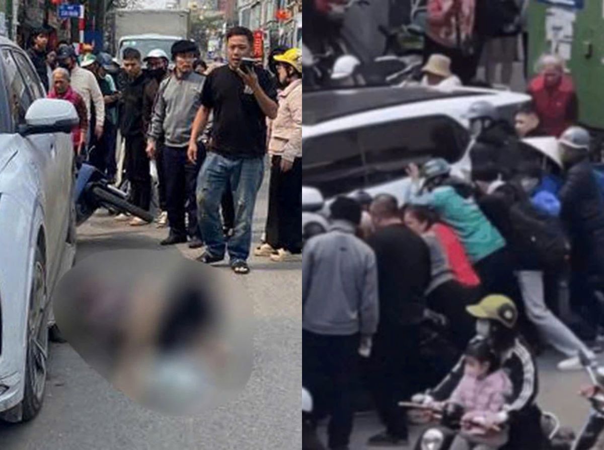 Hiện trường &ocirc; t&ocirc; l&ugrave;i khiến 2 người thương vong ở H&agrave; Nội: H&agrave;ng chục người v&acirc;y quanh cứu nạn nh&acirc;n