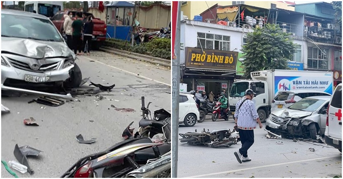 Hiện trường kinh ho&agrave;ng vụ &ocirc; t&ocirc; con t&ocirc;ng li&ecirc;n ho&agrave;n 6 phương tiện tr&ecirc;n phố L&ecirc; Trọng Tấn, nhiều người bị hất văng