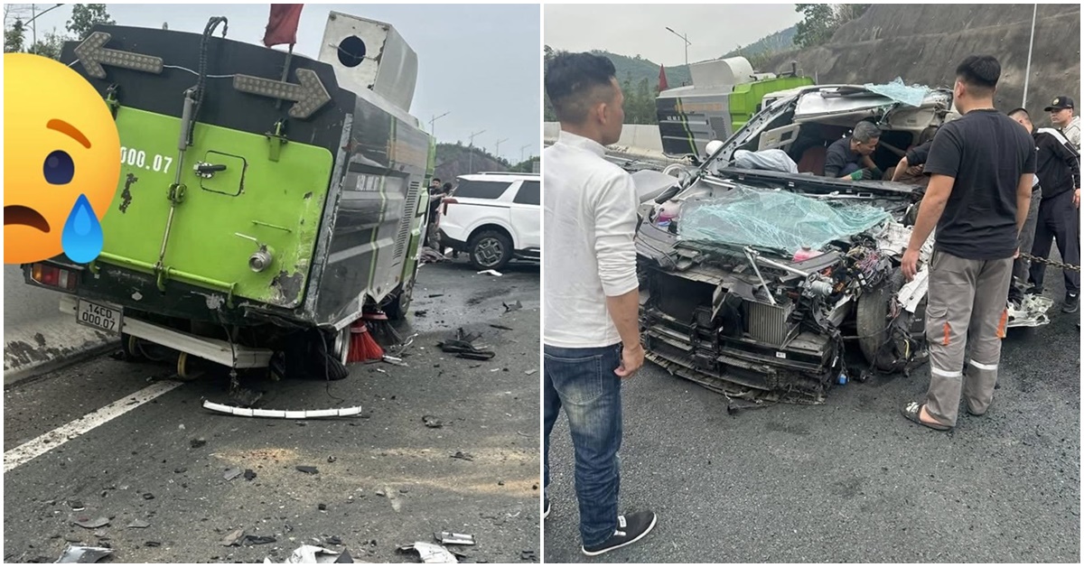 Hiện trường kinh ho&agrave;ng &ocirc; t&ocirc; 7 chỗ t&ocirc;ng đu&ocirc;i xe h&uacute;t bụi tr&ecirc;n cao tốc Hải Ph&ograve;ng - M&oacute;ng C&aacute;i, t&agrave;i xế mắc kẹt trong cabin