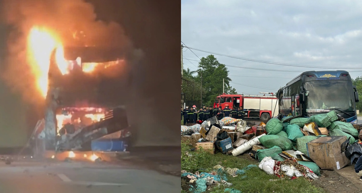 Hiện trường xe kh&aacute;ch bất ngờ bốc ch&aacute;y dữ dội ở Quảng Trị, t&igrave;nh h&igrave;nh 9 h&agrave;nh kh&aacute;ch tr&ecirc;n xe? 