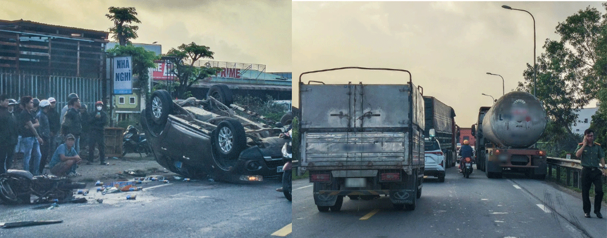 Sợ h&atilde;i khi thấy tai nạn li&ecirc;n ho&agrave;n ở đường tr&aacute;nh Vĩnh Điện: &Ocirc; t&ocirc; con lật ngửa, t&igrave;nh h&igrave;nh c&aacute;c nạn nh&acirc;n