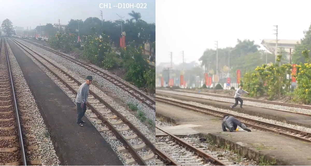 Người đ&agrave;n &ocirc;ng cố lao nhanh qua đường sắt khi t&agrave;u đi đến, camera ghi lại cảnh tho&aacute;t chết trong gang tấc